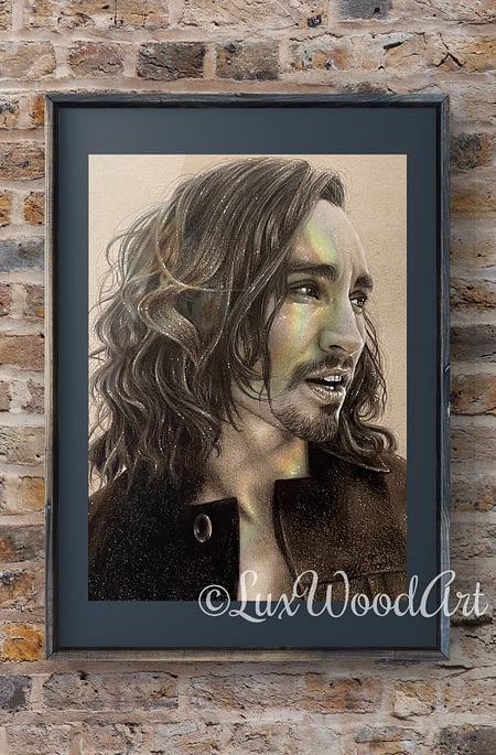 Robert Sheehan sepia and rainbow portrait 16 - framed - Color pencil and white Posca pen on toned tan paper