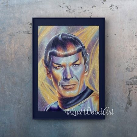 Spock galaxy portrait 1 - framed - color pencil and posca on toned tan paper