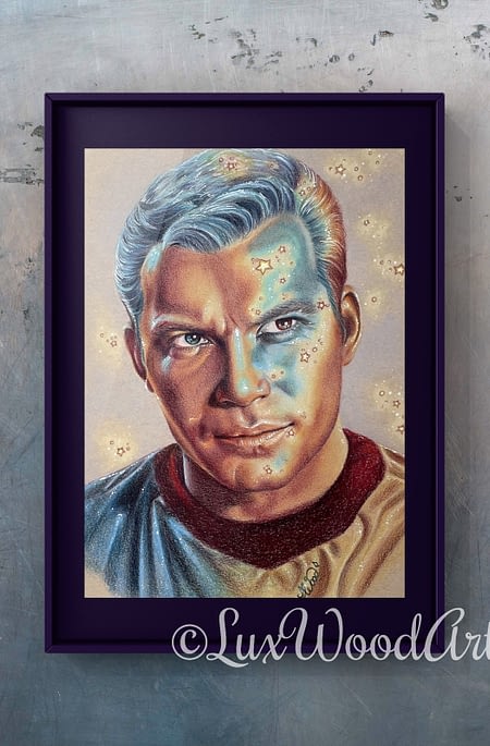 Captain Kirk portrait 2- Color pencil and white Posca pen on toned tan paper