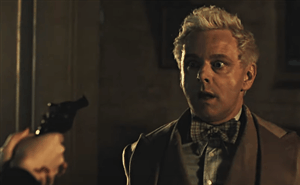 The 1 million reasons - Michael Sheen as Aziraphale in Good Omens being threatened by armed demon