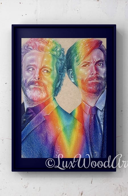 Michael and David rainbow - Color pencil and white Posca pen on toned tan paper