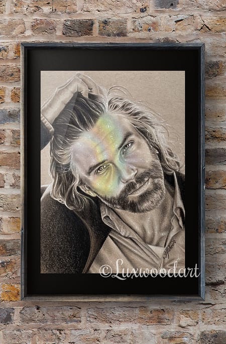 Cullen Bohnannon sepia and rainbow portrait 1 - Color pencil and white Posca pen on toned tan paper