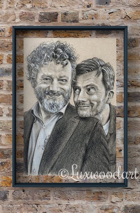 Michael Sheen and David Tennant portrait 2 - Color pencil and white Posca pen on toned tan paper
