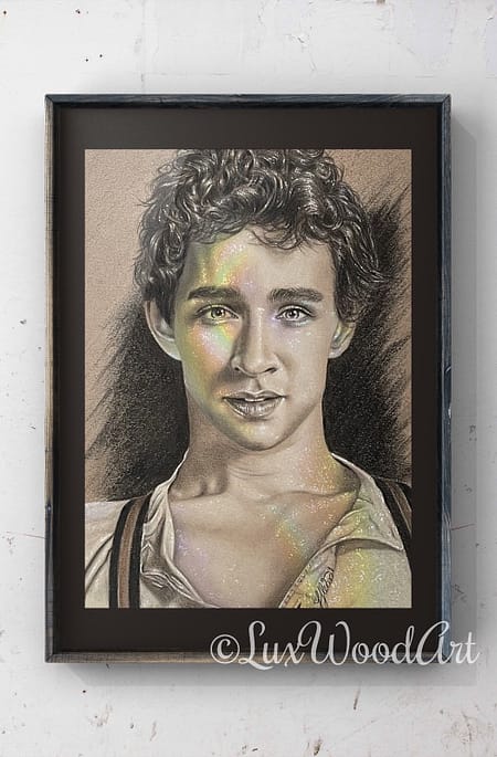 Robert Sheehan sepia and rainbow portrait 17 - framed - color pencil and white Posca pen on toned tan paper