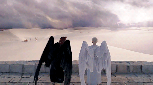 The 1 million reasons - Michael Sheen And David Tennant as Aziraphale and Crowley in Good Omens, Aziraphale protecting Crowley with his wing