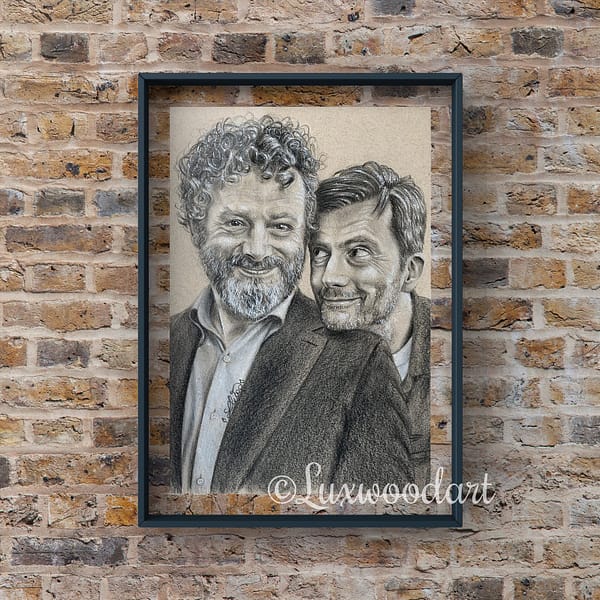 Michael Sheen and David Tennant portrait 2 - Color pencil and white Posca pen on toned tan paper