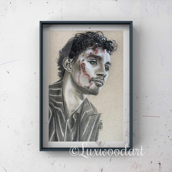 Robert Sheehan portrait 3 - Color pencil and white Posca pen on toned tan paper