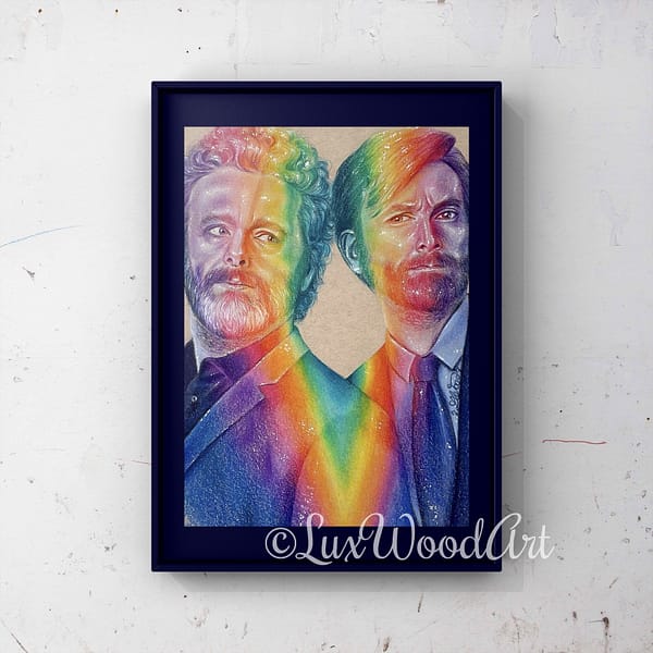 Michael and David rainbow - Color pencil and white Posca pen on toned tan paper