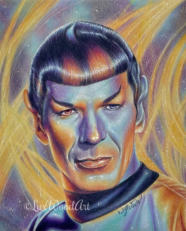 Spock galaxy portrait 1 - color pencil and posca on toned tan paper