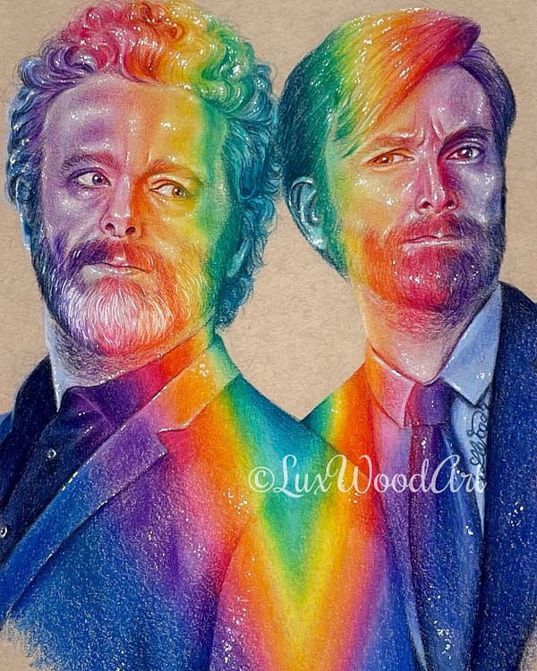 David Tennant and Michael Sheen portrait 3- Color pencil and white Posca pen on toned tan paper