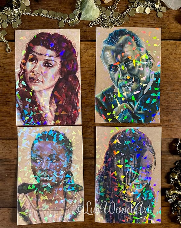 Burgundy Max , Amethyst Madi, Orchid Anne and Spectral Flint cards - holographic collectible cards - Black sails