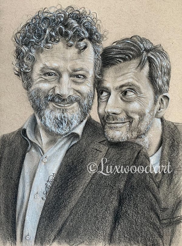 Good Omens - Michael Sheen and David Tennant portrait 2 - Color pencil and white Posca pen on toned tan paper
