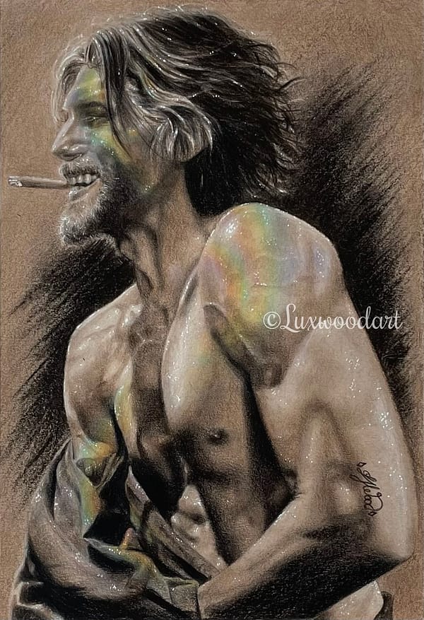 Cullen Bohnannon sepia and rainbow portrait 2 - Color pencil and white Posca pen on toned tan paper