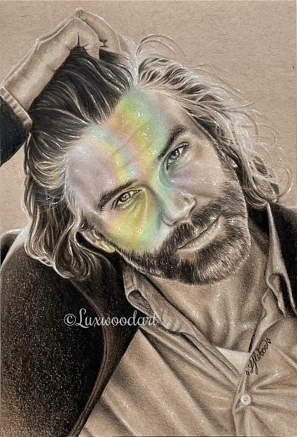 Anson Mount - Cullen Bohnannon sepia and rainbow portrait 1 - Color pencil and white Posca pen on toned tan paper