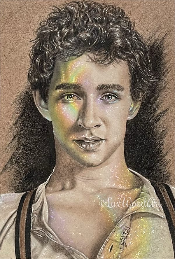 Nathan Young sepia and rainbow portrait 17 - color pencil and white Posca pen on toned tan paper