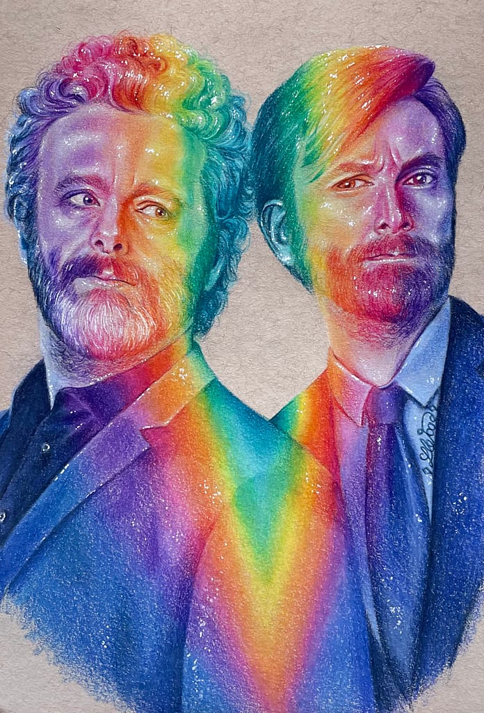 David Tennant and Michael Sheen - Color pencil and white Posca pen on toned tan paper